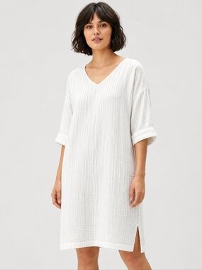 Eileen Fisher Organic Cotton Gauze Stripe Dress White Minimalist M